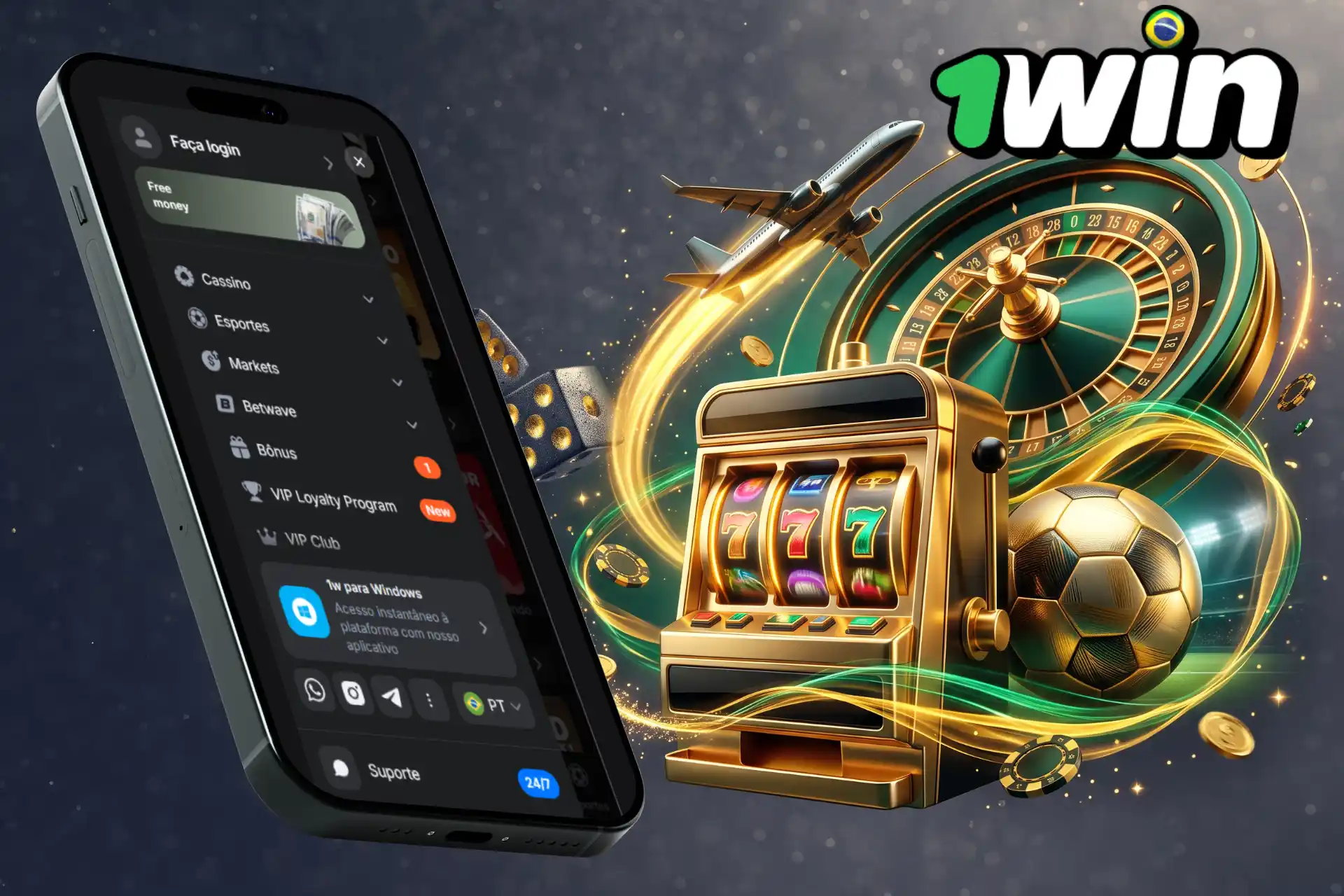 Guia sobre o que é o 1win Casino e por que jogar, apresentado na tela de um smartphone ao lado de uma roleta dourada, caça-níquel 777, avião a jato e bola.