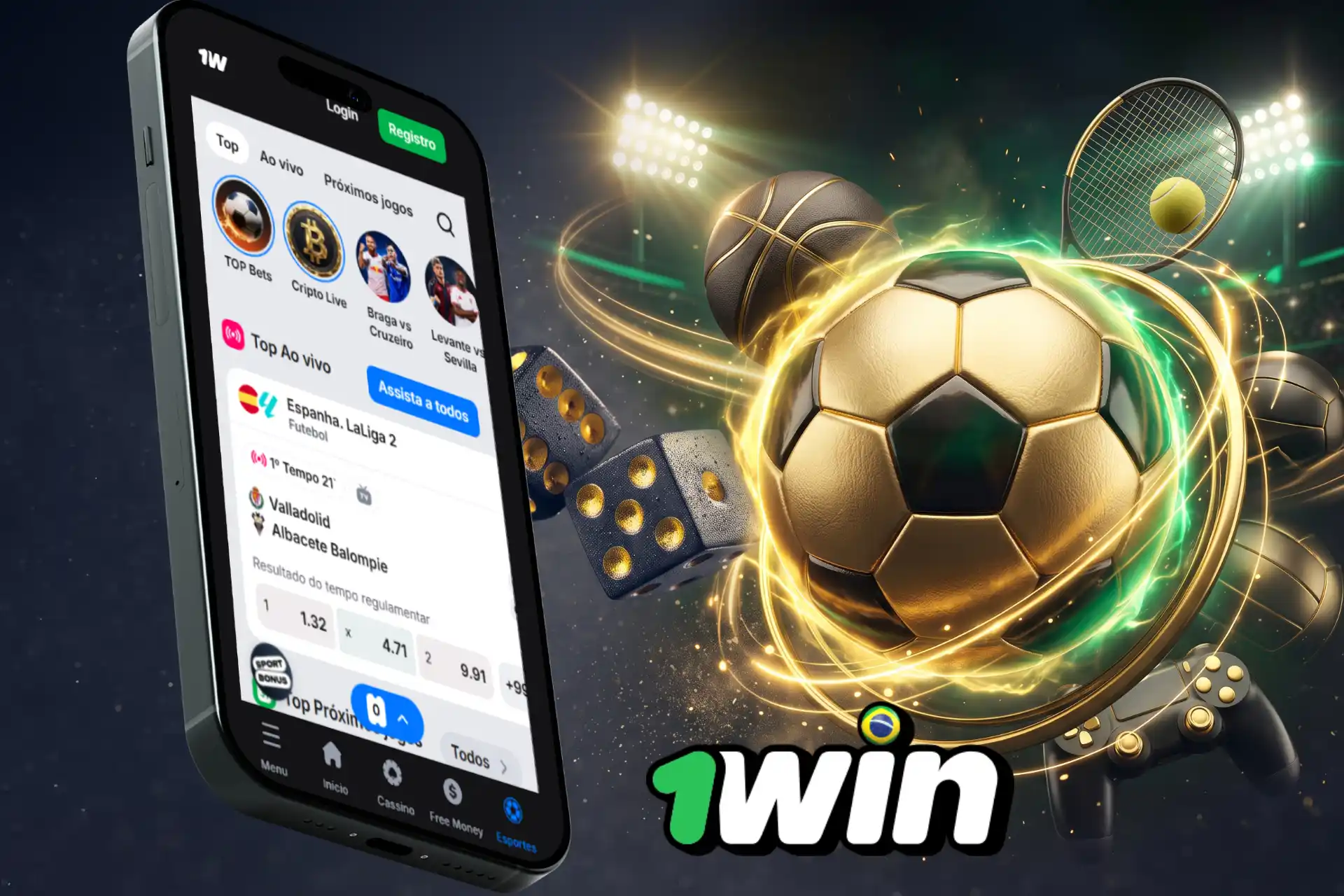 Excelentes mercados de apostas esportivas na 1win Bet, apresentados na tela de um smartphone ao lado de uma bola de futebol dourada, raquete e controle.